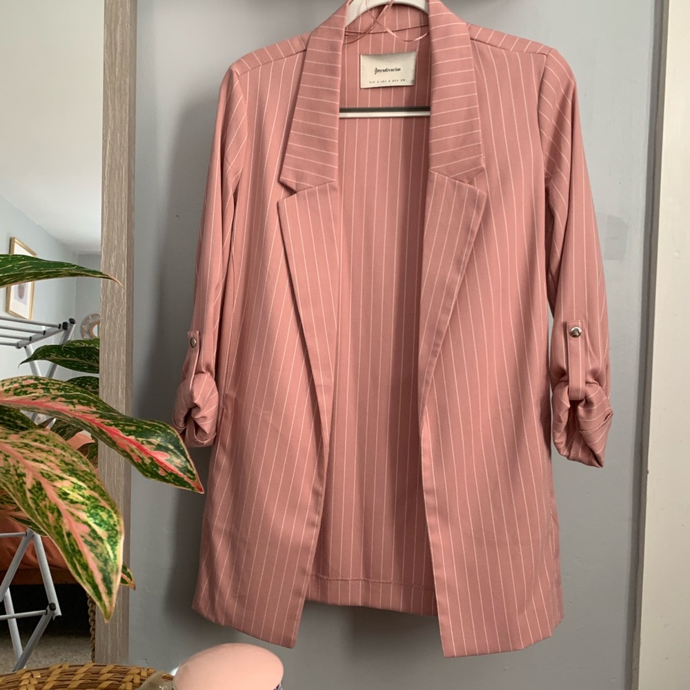Stradivarius pink striped long blazer